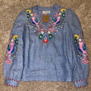 Boden Grace linen top- chambray embroidered birds